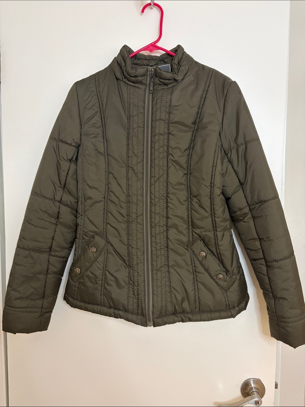 YMI Olive Quilted Puffer Jacket with Stand Collar
